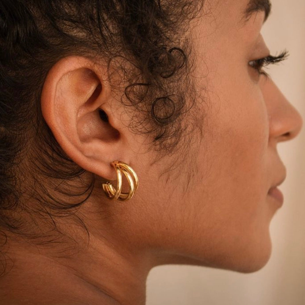 18ct Gold Plated Triple Hoop Statement Earrings