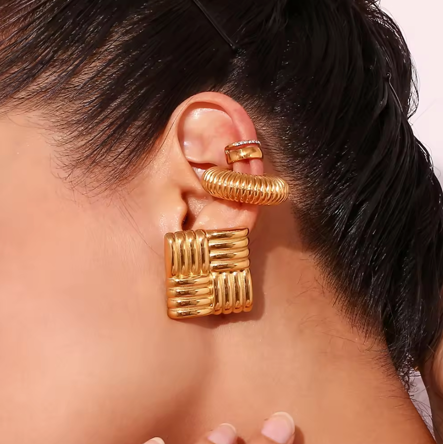 18ct Gold Plated Engraved Square Statement Earrings