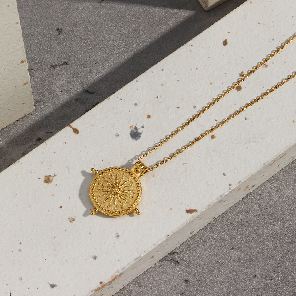 Adira Gold Engraved Sun Pendant Necklace – Meraki of London